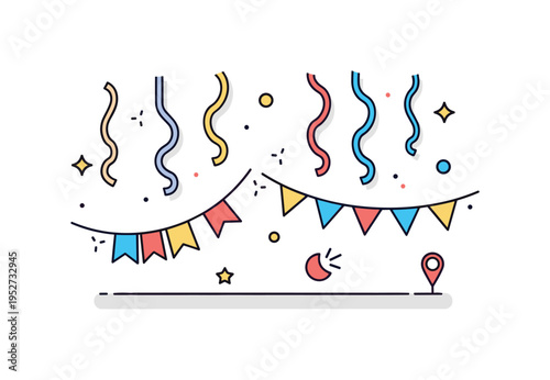 Birthday streamers and garlands decor concept shown through hanging ribbon streamers and small triangular bunting flags, symbolizing festive room decoration.