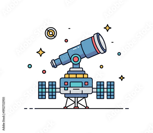 Deep space observation platform built around a station module with a prominent telescope lens facing distant stars, communicating curiosity, research, and