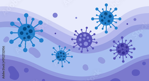 Abstract illustration of blue and purple viruses with spikes on a wavy purple background