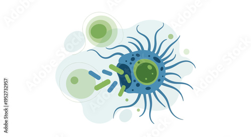 Abstract illustration of a virus or bacteria cell with tentacles and smaller particles