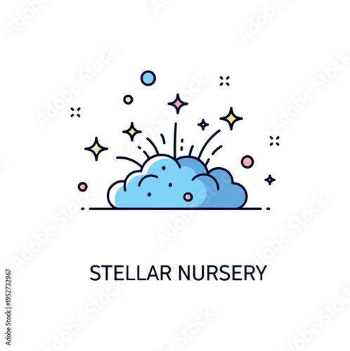 Young star formation cluster featuring a small nebula cloud with newly formed bright stars emerging within it, symbolizing cosmic birth and energy. A concise