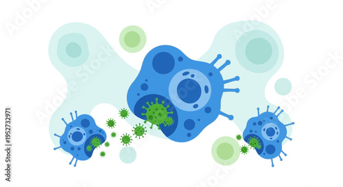 Abstract illustration of blue cells fighting green virus particles, science and health concept