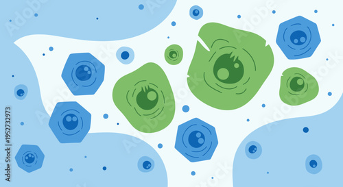 Abstract illustration of diverse cells and biological structures in blue and green tones