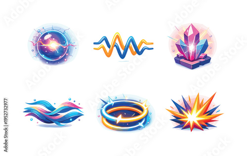 Creative energy. Isometric flat vector icons set of creative energy: pulsing energy orb, electric wave lines, radiant core crystal, flowing creative currents,