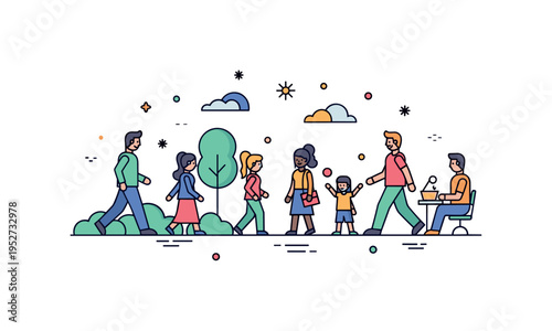 Society with diverse people interacting in a public park, walking, talking, and playing, reflecting community, connection, and everyday life. Minimalist flat