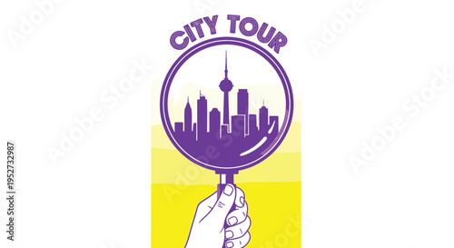 A stylized purple city skyline featuring a tall tower is magnified within a circular glass held by a white hand, with 'CITY TOUR' text above.