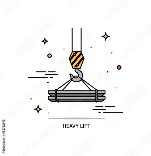 Crane hook holding construction materials suspended mid air as a symbol of strength and industrial precision. A single steel beam attached by cable and subtle