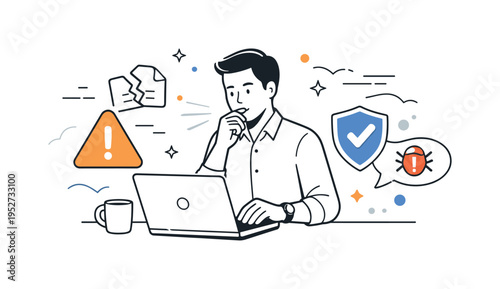 Cyber insurance breach response. IT or business worker reacting to a cyber incident, shield and warning icons floating near a device. Scene shows urgency mixed