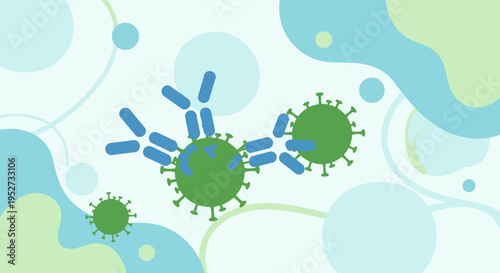 Antibodies attacking virus cells, scientific illustration of immune system response