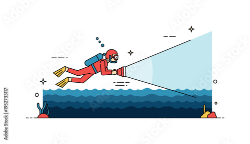 Deep sea diver with flashlight beam cutting through dark blue water layers, capturing mystery and focused exploration in a simplified underwater setting. The