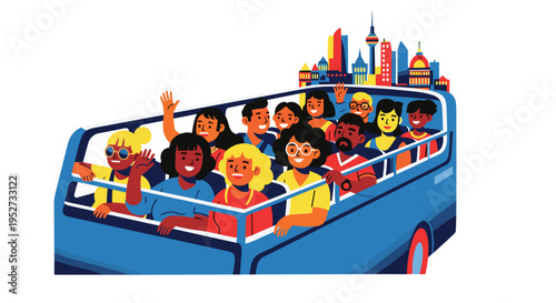 A vibrant blue open-top tour bus, filled with a diverse group of smiling people waving, drives past a colorful city skyline.