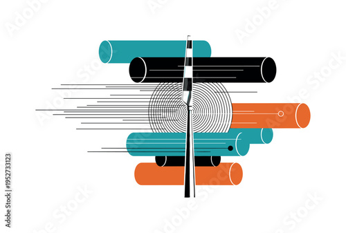 Black and white single turbine blade isolated vertically, intersected by bold cylindrical shapes and thin horizontal lines representing wind flow, concentric