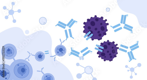 Antibodies attacking virus or bacteria cells in immune system response, medical illustration