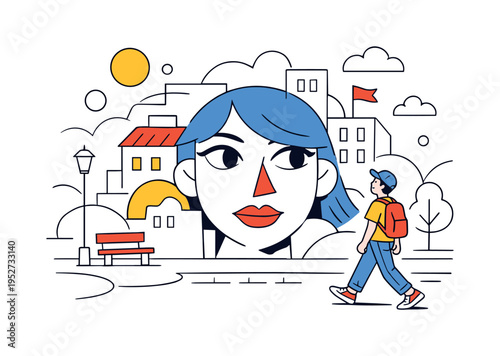 Street expression. Oversized mural face emerging from simple city shapes, passerby walking past with curiosity. Art blending into everyday life, bold and
