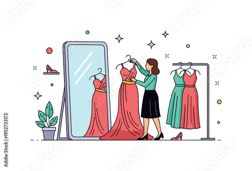 Trying on evening dresses in a boutique with a person adjusting a gown in front of a mirror, highlighting elegance, confidence, and style experimentation.