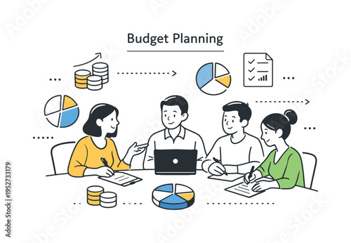 Budget planning meeting. A small team discussing budget allocation around a table, calm collaboration and shared understanding. Coins, pie charts,