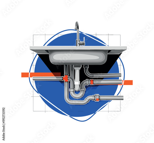 Black and white kitchen sink with visible pipes underneath, bold abstract circle framing the plumbing system like a diagram spotlight, cobalt blue and vivid