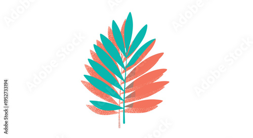 Two overlapping tropical leaves, one in teal and the other in coral, display a textured, grainy appearance on a clean white background.