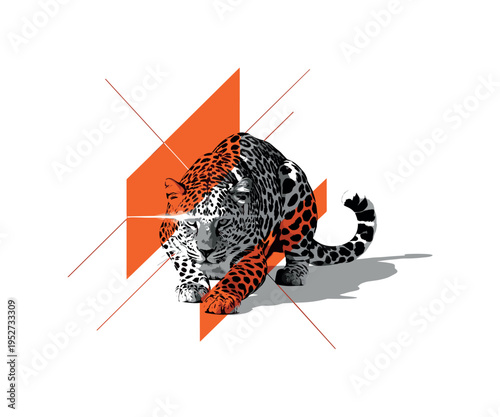 Black and white leopard crouched in stalking pose, intersected by bold orange abstract blocks and thin diagonal lines creating dynamic tension, sharp flash of