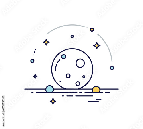 Full moon over a simple horizon line with tiny star accents and a subtle halo glow effect. The scene reflects balance, completeness, and natural cycles.