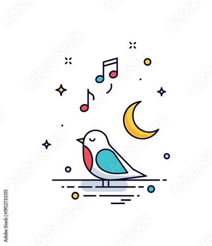 Evening birdsong calm scene illustrated by a bird perched beneath a small crescent moon with gentle note icons rising upward. The composition reflects quiet