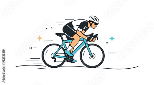 Competitive road cycling race. A determined cyclist leaning forward on a racing bike, pedaling fast along a clean abstract road line while small motion lines