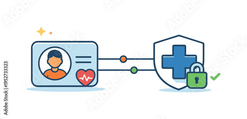 Telemedicine consultation represented by a patient profile card connected to a medical cross via simple lines, reflecting secure data sharing and coordinated