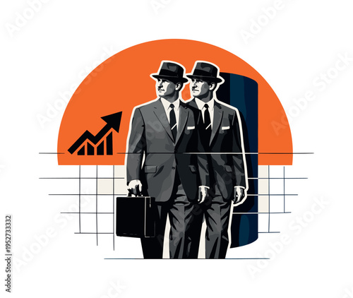 monochrome retro businessman figure duplicated and slightly offset, large orange semicircle framing the composition, deep navy cylinder shape and minimal grid