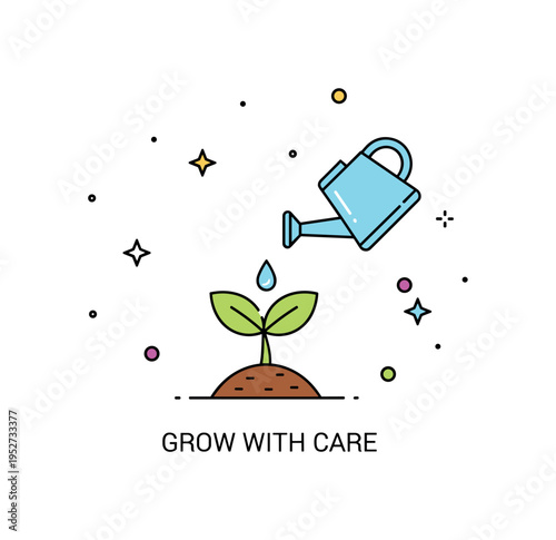 Seed sprouting gardening hobby scene illustrated by a tiny watering can gently pouring droplets over a young shoot, symbolizing care, patience, and daily