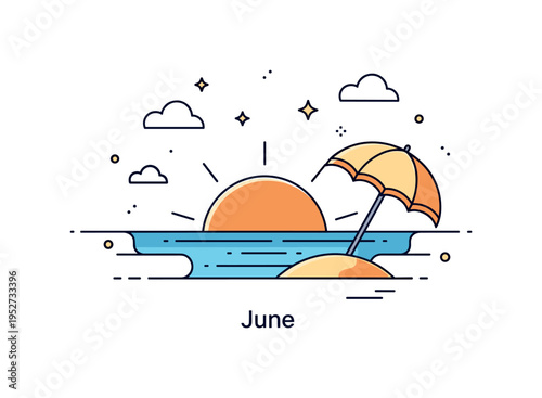 Coastal twilight glow sun dipping below the horizon with a light beach umbrella and subtle star accents appearing in the sky, symbolizing the transition from