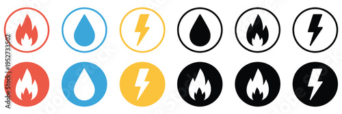 Gas, water and electricity icon set, vector illustrations of public utility signs, including thunderbolt for electricity, water drop, and gas flame, suitable for utility dashboards, safety signage, 