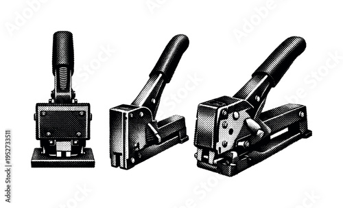Manual box sealing stapler shown in three views: front view, side profile, and angled perspective emphasizing the heavy-duty stapling head and handle