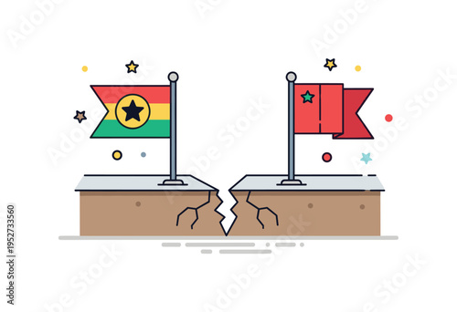 Divided territory cracked ground forming a sharp boundary between two contrasting flags planted on either side, symbolizing ideological clash and territorial