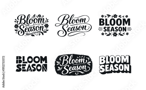 Bloom Season. Set lettering. harmonious lettering variations of the same emblematic concept, each with different artistic interpretation (Decorative floral or