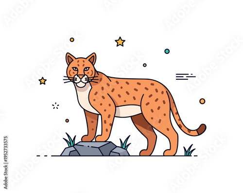 Wildcat standing alert on a small rocky surface symbolizing independence and untamed spirit in nature. Sharp yet simplified facial features and subtle grass