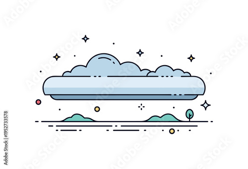 Morning mist cloud layer shown as a soft horizontal band hovering above a minimal landscape line, expressing tranquility and early day freshness. A calm visual