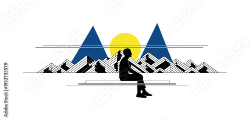 Black and white figure seated with head in hands, large blue semicircle behind like heavy atmosphere, orange diagonal stripe cutting through composition to