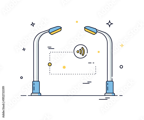 Smart street lighting network two minimalist streetlights connected by a subtle dotted line and small signal icon, expressing energy efficiency and connected