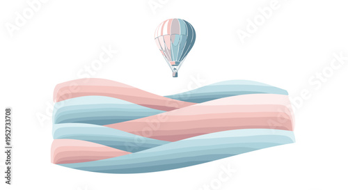 A pastel-striped hot air balloon gracefully floats above a serene landscape of gently rolling, layered pink and blue hills.
