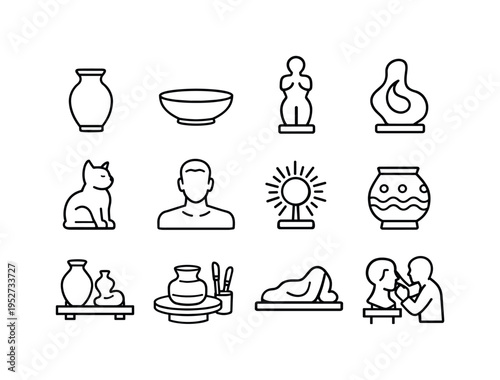 Pottery and Sculpture. Line icon set of Pottery and Sculpture: ceramic vase, clay bowl, figurine sculpture, abstract form, animal sculpture, human bust,