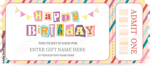 Vector birthday gift card template. A multicolored ticket template for receiving a gift for one birthday child.