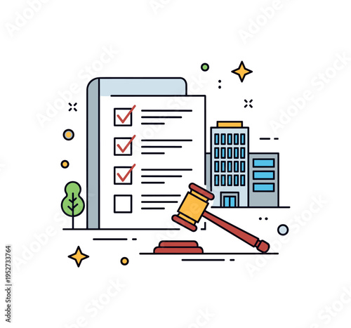 Legal compliance framework shown by a checklist document paired with a small gavel symbol and a corporate building silhouette, reinforcing adherence to