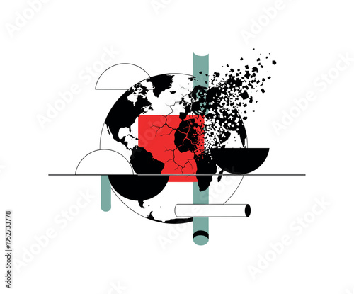 Black and white fragmented globe with one section cracked and transforming into abstract geometric shapes, bright red square intersecting midsection for