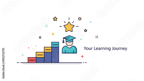 Personal growth through tailored education illustrated by a small staircase of lesson blocks leading toward a bright star icon above a learner silhouette,