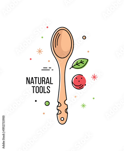 Rustic kitchen utensil illustration centered on a classic wooden spoon with gentle carved handle detail. Small leaf accent and a ?Natural Tools? text detail