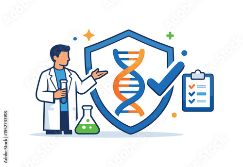 Biotech researcher DNA strand presenting a DNA helix framed by a shield or checkmark, symbolizing ethical research, safety standards, and responsible