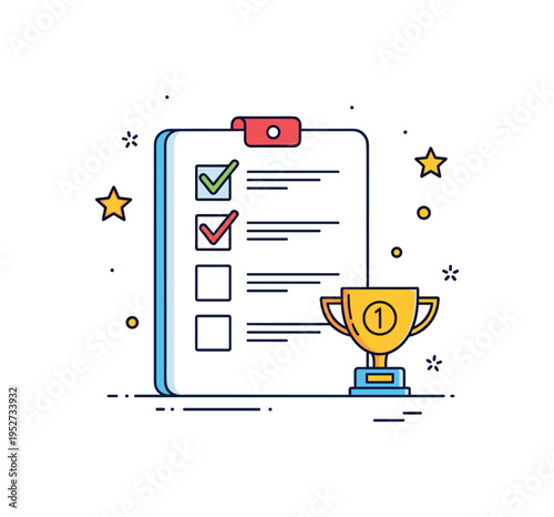Motivation reward system concept shown as a checklist paired with a small trophy icon, symbolizing positive reinforcement for maintained habits. The balanced
