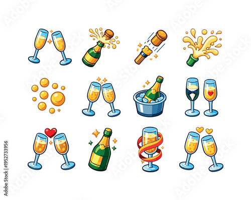 Champagne Toast. Colorful isometric vector icons set of Champagne Toast: champagne flute pair, champagne bottle popping, cork flying, champagne splash, golden
