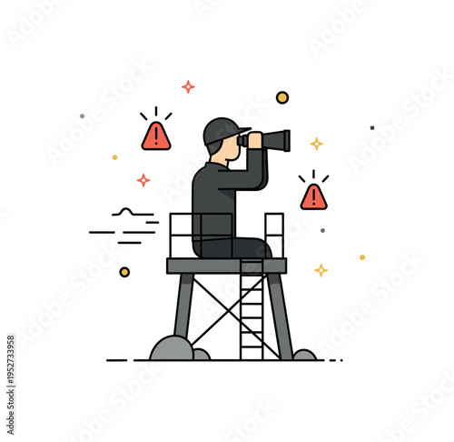 Watchtower vigilance guard silhouette in a small observation tower scanning the horizon with binoculars as subtle alert icons glow nearby, expressing constant