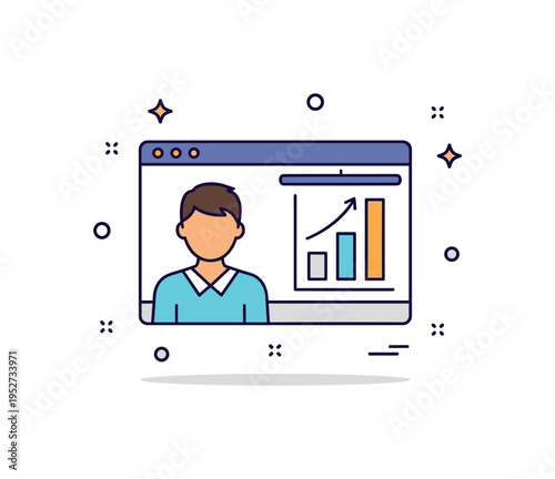 Online presentation meeting featuring a presenter silhouette on screen with a simple bar chart beside them, symbolizing shared insights and virtual reporting.